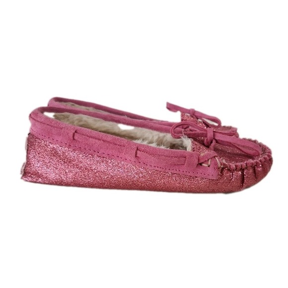 Minnetonka Pink Glitter Hard Sole Moccasins  Fleece Lined, Size 7 - Picture 1 of 12